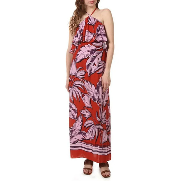MSK "NEW" Aurora Red Floral Tropical Bohemian Halter Neck Boho Maxi Dress Size S - Picture 1 of 15